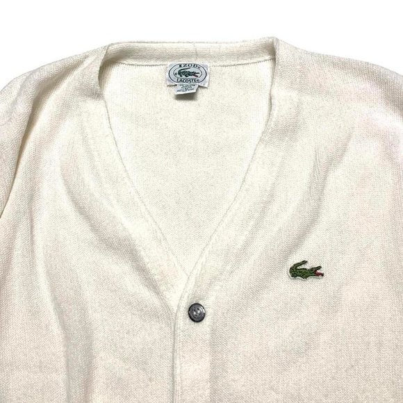 80s Vintage Izod Lacoste USA Made White Knit Cardigan Sweater Men's Medium - Picture 3 of 4